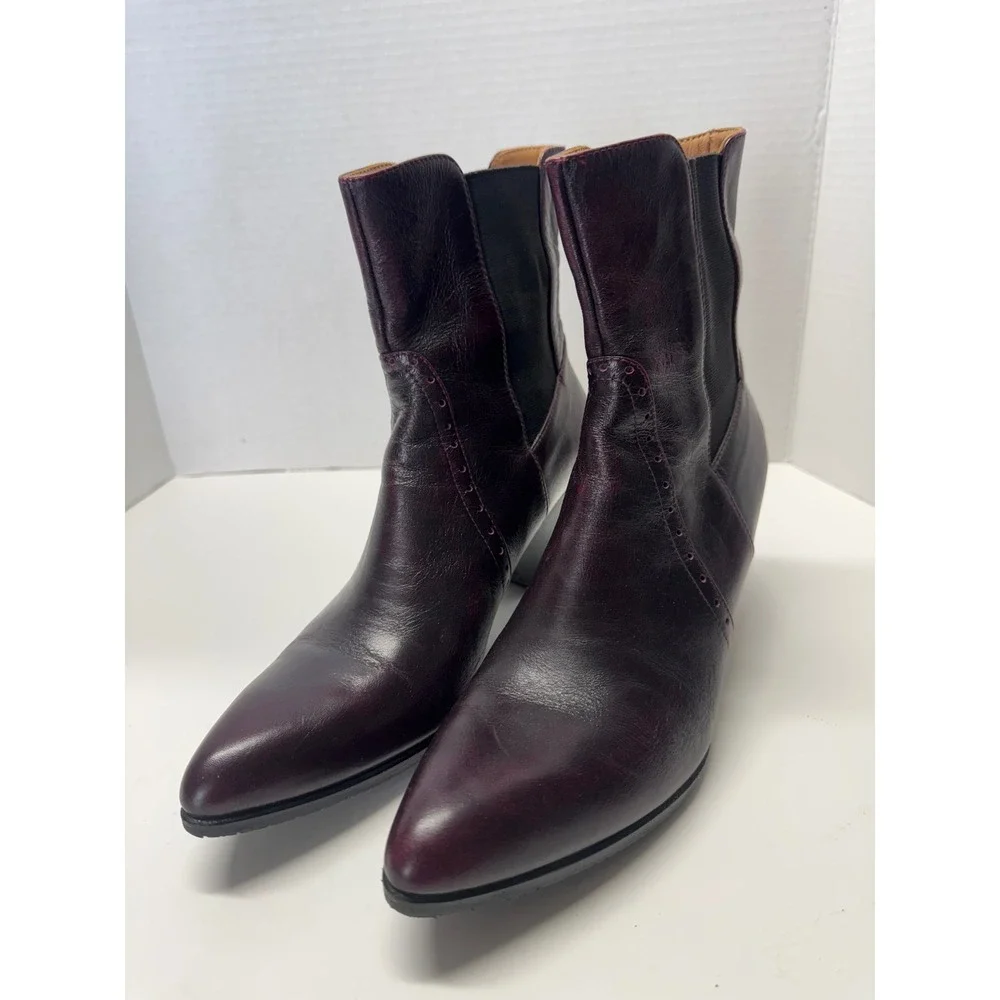 John Fluevog Burgundy Leather Pointed Toe Ankle Boots Brogue Detail Size‎ 7.5
